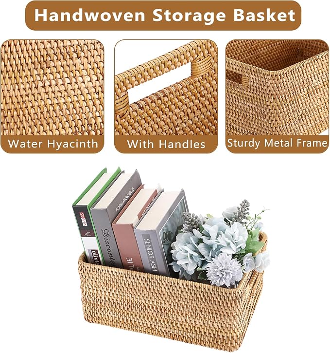 Hipiwe Woven Rattan Basket Natural Wicker Storage Basket Box with Handles | Rectangular Open Storage Bin for Shelf Bathroom Living Room Kitchen, 13" x 8.7" x 5.9" - Image 6