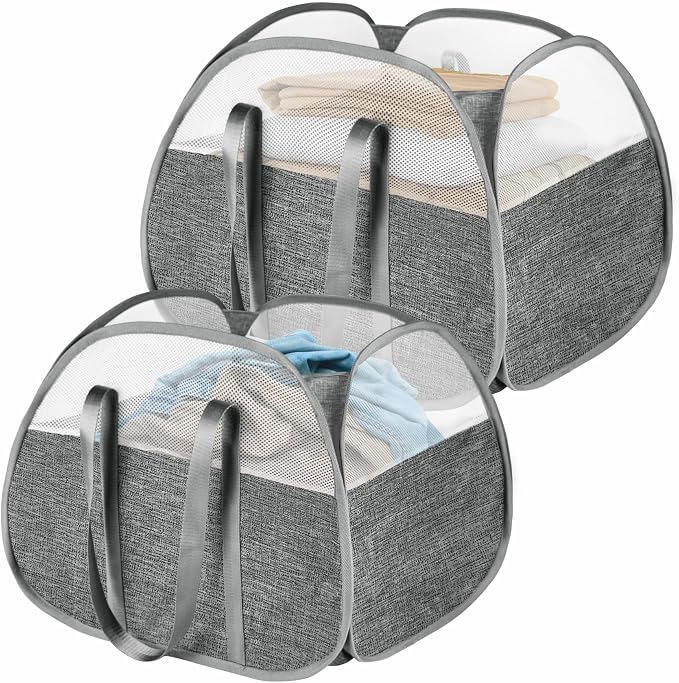2 Pack Large Collapsible Laundry Baskets 93L Pop Up Laundry Hamper with 2 Sturdy Handles Foldable Laundry Hamper for Laundry Room Kids Room (2 Pack Large Grey) by BOSNONA