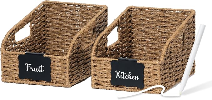 Wicker Baskets for Organizing, Pantry Baskets with Built-in Handles, Handwoven Wicker Storage Basket, Paper Storage Bins for Shelves, Small - 2pcs, Brown by Unknown