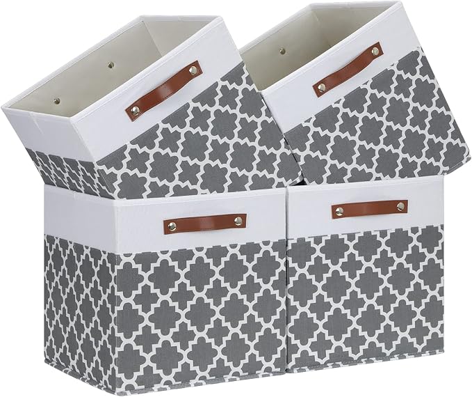 Temary Cube Storage Bins 13x13 - 4 Pack Cube Storage Bins for Shelf with Handles (Grey Lattice) by TEMARY