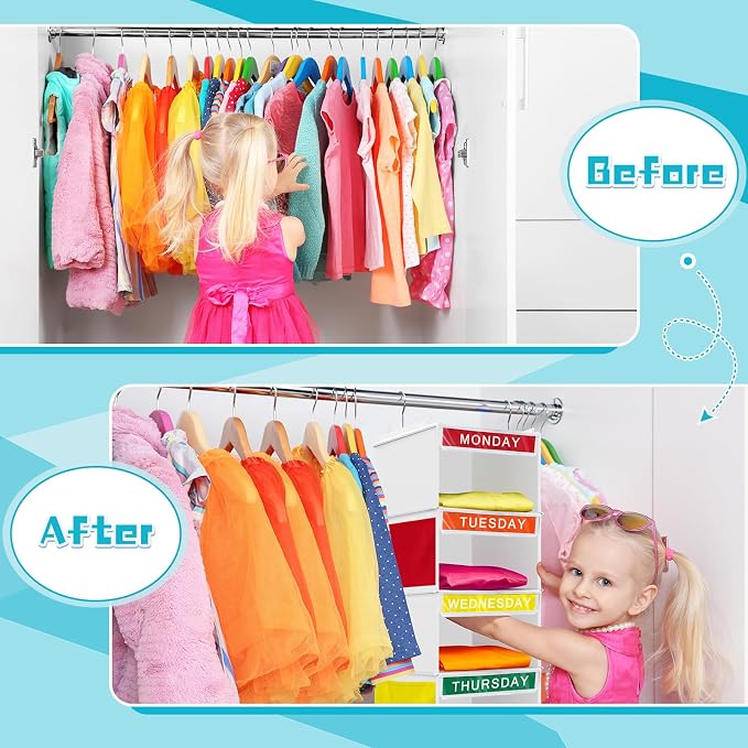 2 Pcs 7 Shelf Weekly Clothes Organizer for Kids Hanging Closet Organizer 11. 8 x 11. 8 x 50 Inches Daily Activity Kids Clothes Storage Drawers Cube Drawers Closet Hanging Shelves(White) - Image 5