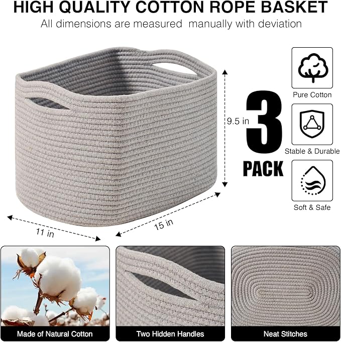 ICERZCZ Storage Baskets for Organizing Shelves, Woven Cotton Rope Bins for Baby Nursery Organization, Book Toy Towel Organizer, 15"x11"x9.5", 3 Packs, Grey - Image 3