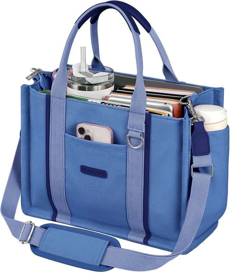 BESBESME Women’s Canvas Tote Bag with Zipper and Compartments – Multi-Pocket Laptop Work Crossbody Shoulder Tote Purse - Image 8