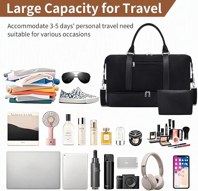 Oeihuivt Weekender Bags for Women - 21 Inch Large Travel Duffel Bag 2-Piece Set with Shoe Compartment, Heavy-Duty nylon & Leather Carry On Overnight Tote (Airplane Approved) - Image 6
