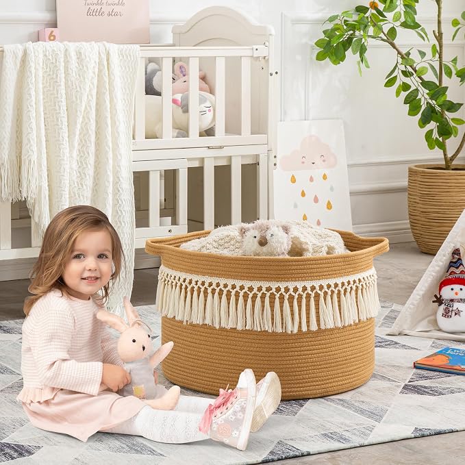 KAKAMAY Large Blanket Basket with Handles, Storage Basket for Living Room | Extra Large Capacity | Natural Cotton Rope | Blanket Storage | Woven Storage Basket | Stuffed Animal Storage | Laundry Basket - Image 5