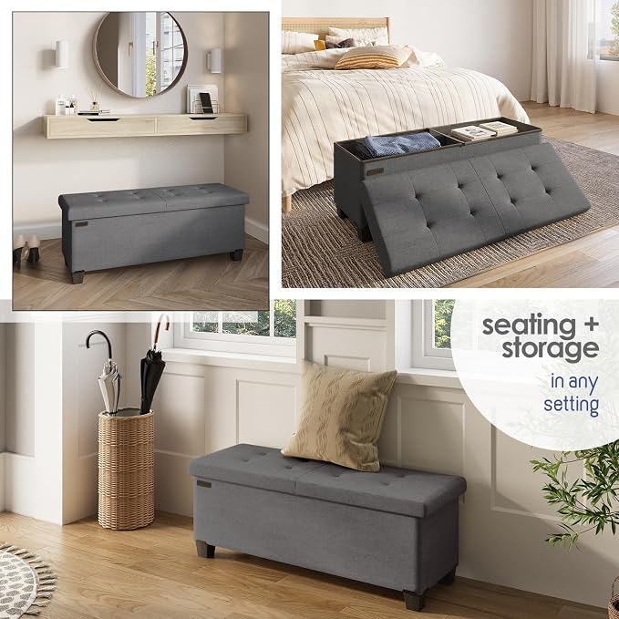 Storage Ottoman Bench with Bins, 43-in Storage Bench for Bedroom End of Bed, Folding Foot Rest Ottoman for Living Room Max 660lbs, Fabric Ottomans, Grey - Image 4