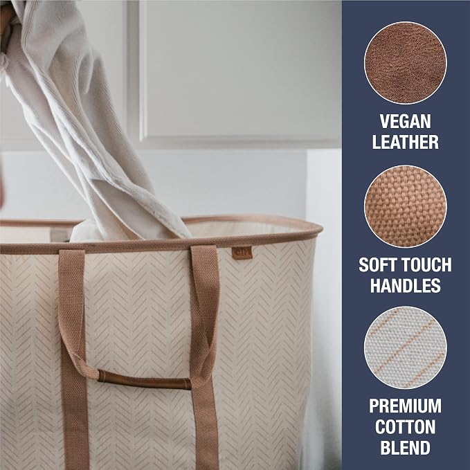 CleverMade Collapsible Laundry Tote LUXE, 50L Carry-All Tote, 2 Pack, Mocha | Bring a Polished Look to Laundry Day | Cotton-Blend Fabric and Vegan Leather Pair with Long Handles and 55 lb Support - Image 4