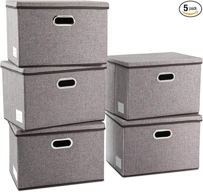 Large Collapsible Storage Containers with Lids [5-Pack] Linen Fabric Foldable Storage Bins Boxes Organizer Baskets Cube with Cover for Home Bedroom Closet Office Nursery (17.7x11.8x11.8) by Prandom