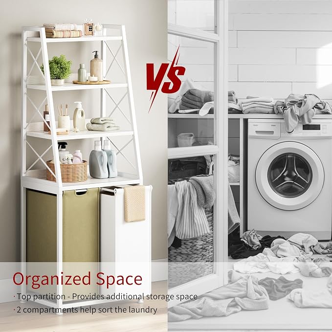 Herture Laundry Basket, 2 Section Laundry Hamper with 4 Tiers Shelf, Pull-Out and Removable Laundry Bags, Large 2 x 15.87 Gallons, for Bedroom Bathroom White PF11XLE - Image 5