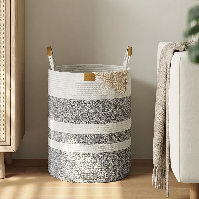 Nunsino 62L Striped Laundry Hamper with Leather Handles,Large Foldable Laundry Basket for Clothes,Cotton Rope Storage Bin for Blankets,Woven Clothes Basket for Bedroom,Gray Stripes by Nunsino