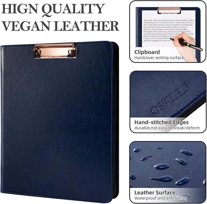 Ospelelf 3 Ring Portfolio Binder with Zipper, Leather Clipboard with Storage, Padfolio Folder for Men, 12.1” Tablet Sleeve, 5 Dividers with Pocket, Refillable Notepad, Card Slot (Navy Bule) - Image 5