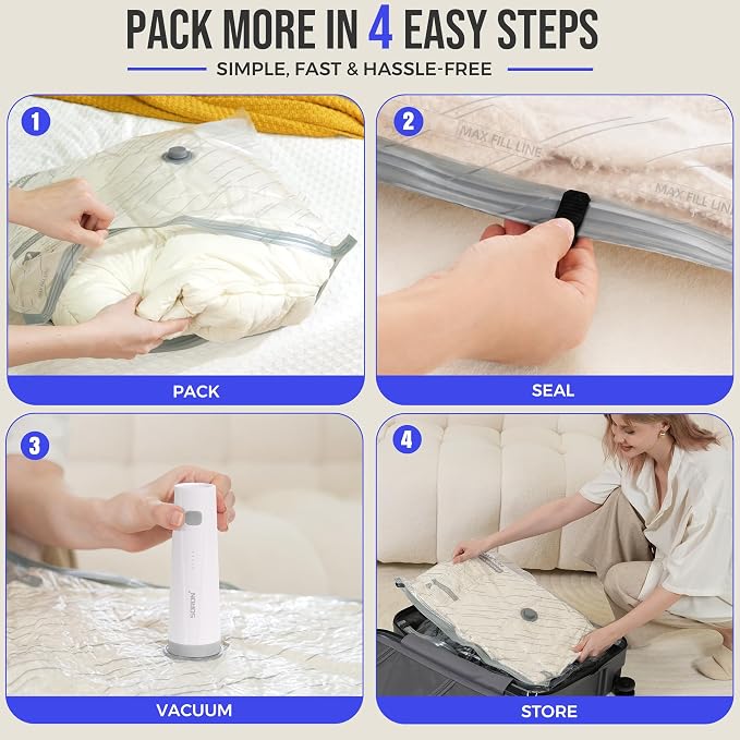 SORON Vacuum Seal Bags for Clothing Travel with Pump, Vacuum Storage Bags | 12 Pack Compression Packing, 4 Sizes for Clothes, Reusable Space Saver for Carry-On & Checked Luggage or Suitcase - Image 8