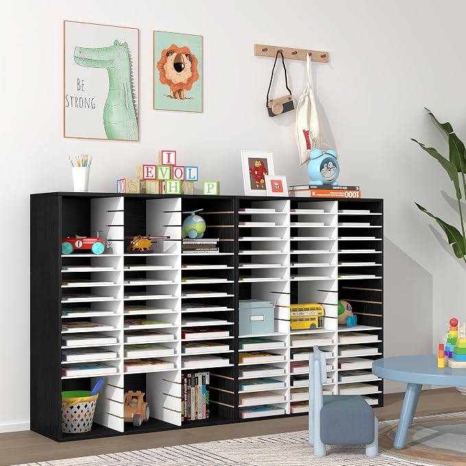 EasyPAG Wooden Literature Organizer with Adjustable Shelves, 48 Compartments Office Paper Organizer Storage 24000 Sheets Letter Size Paper, Student Mailbox for Classroom, Black/White - Image 7