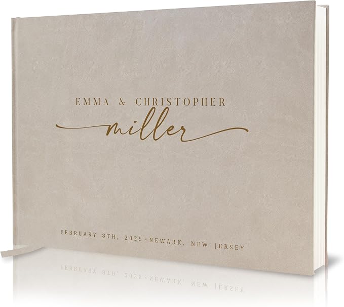 Personalized Guest Book - 11.5" x 8.5" Custom Bride & Groom Names with Bookmark and Hard Cover 140 GSM Blank Pages, for Weddings Guest Book, Engagements, Birthdays, Special Events, Taupe by ModernAlbumDesigns