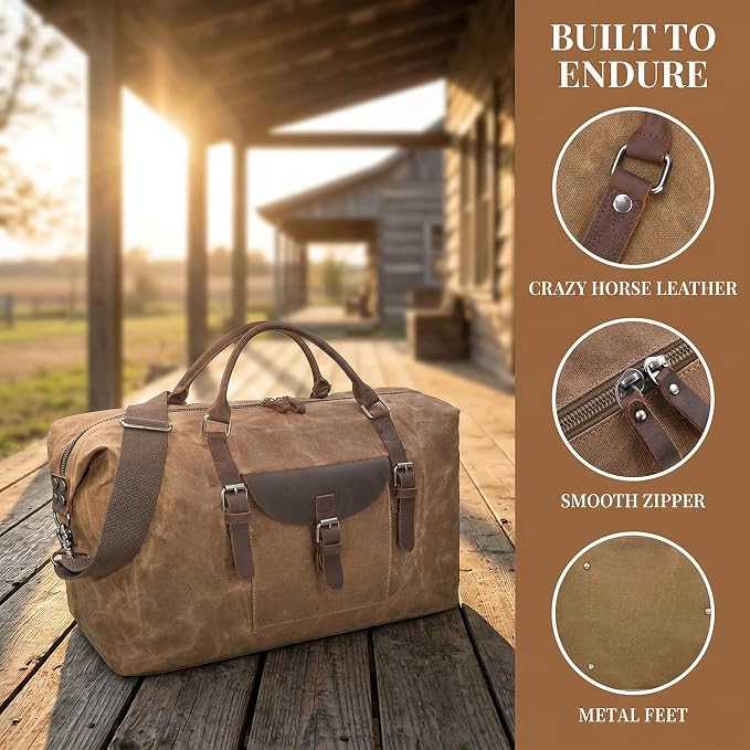 NEWHEY 55L Travel Duffel Bag, Waterproof Waxed Canvas & Leather Weekender Bag for Men, Large Carry-on Overnight Bag for 4-5 Day Business Trips & Weekend Getaways, Brown - Image 5