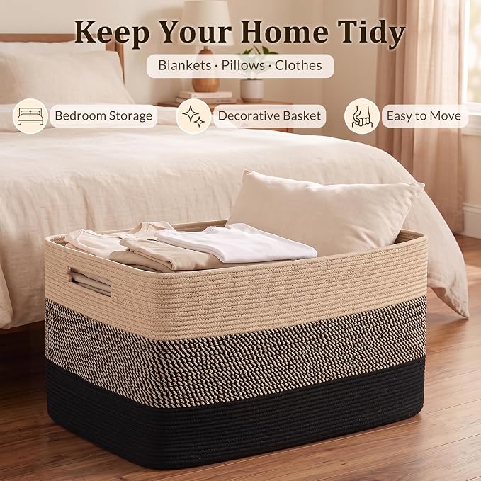 OIAHOMY 108L Extra Large Blanket Basket Dog Toy Basket Yellow Black | Rectangle Woven Baskets for Storage Cotton Rope Basket For Living Room Toy Storage Blanket Storage Laundry Basket - Image 5
