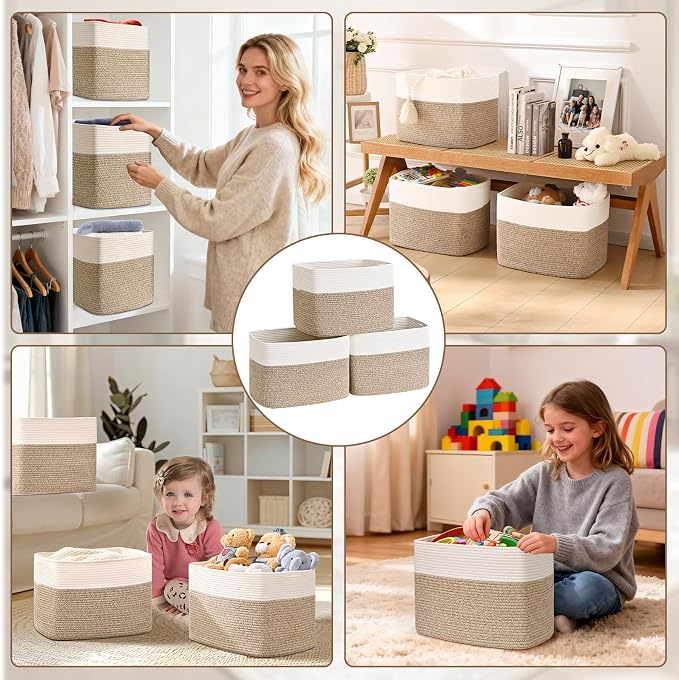 3 Pack Cube Storage Bin, 17”x12”x12” Cotton Rope Woven Baskets for Organizing Toys Clothes Towels, Square Gift Storage Baskets for Shelves, Nursery, Closet, Bathroom, Pantry (White & Jute) - Image 8