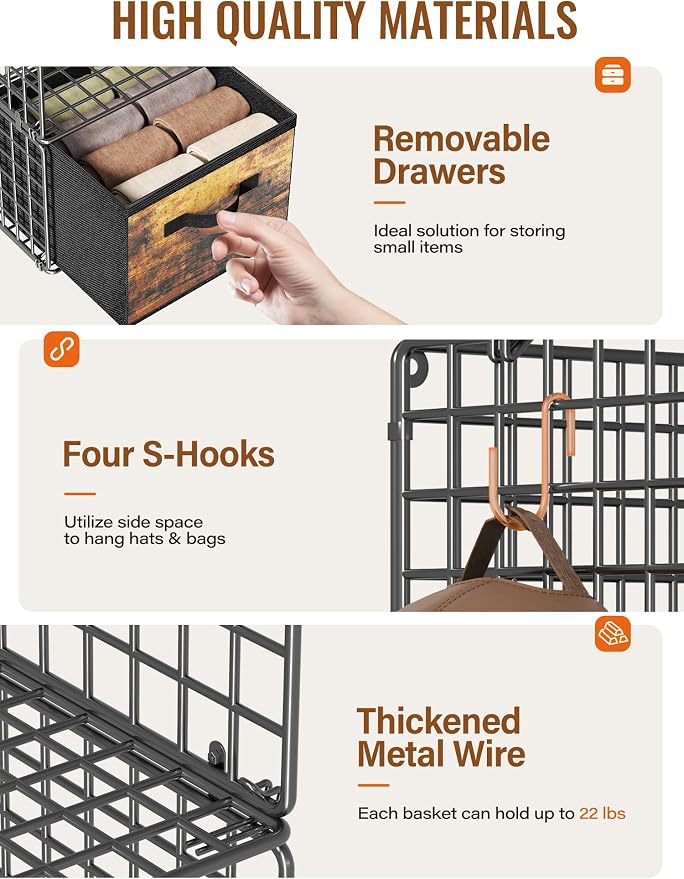 Closet Hanging Organizer with Drawers, 6 Tier Metal Closet Organizers and Storage with 4 Hanging Hooks 4 S-Hooks for Wardrobe Laundry Room, Wire Storage Shelf for Clothes Sweaters Pants (Black) - Image 3