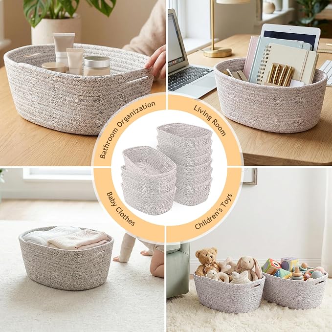 10 Pack Khaki Small Woven Baskets for Organizing, 12"x8"x5" Cotton Rope Storage Bins with Handle, Empty Gift Basket Kit for Baby Shower, Nursery, Shelf, Bathroom & Closet Organizing - Image 8