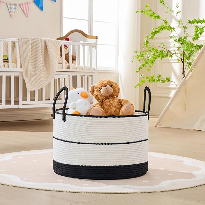 KAKAMAY Large Blanket Basket with Handles, Storage Basket for Living Room | Extra Large Capacity | Natural Cotton Rope | Blanket Storage | Woven Storage Basket | Stuffed Animal Storage | Laundry Basket - Image 2