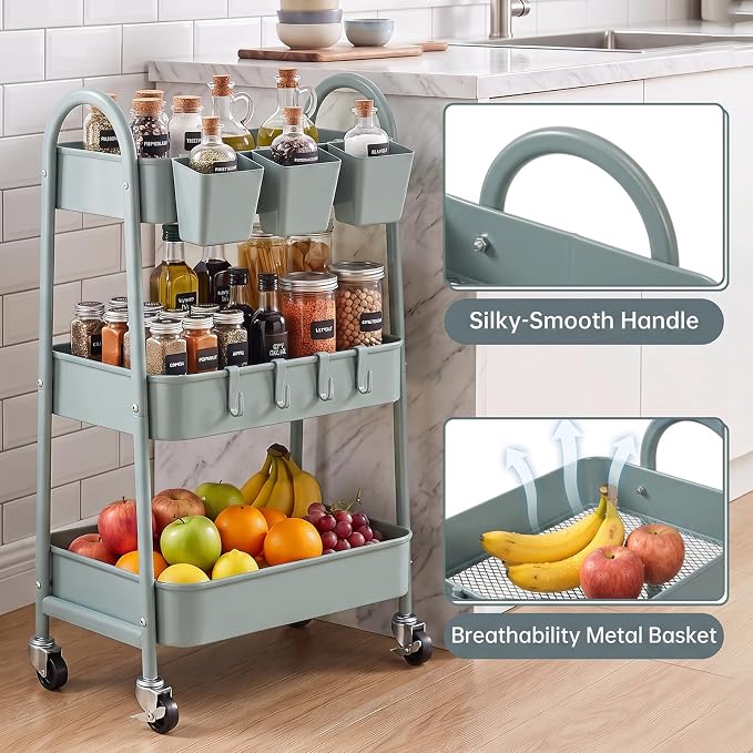 danpinera 3-Tier Rolling Cart, Utility Cart Mobile Metal Rolling Storage Cart with Lockable Wheels & Hanging Cups & Hooks for Kitchen, Bathroom, Office, Workshop, Gray Blue - Image 4