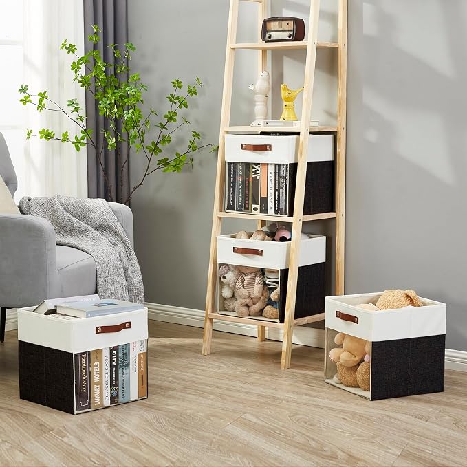 Storage Cubes, 4 Pack Linen Foldable Storage Bins with Clear Window and 2 Handles, 13x15x13 Storage Cube Bins for Shelf Closet, Kallax, Clothes, Books - (Black / Off-White) - Image 3