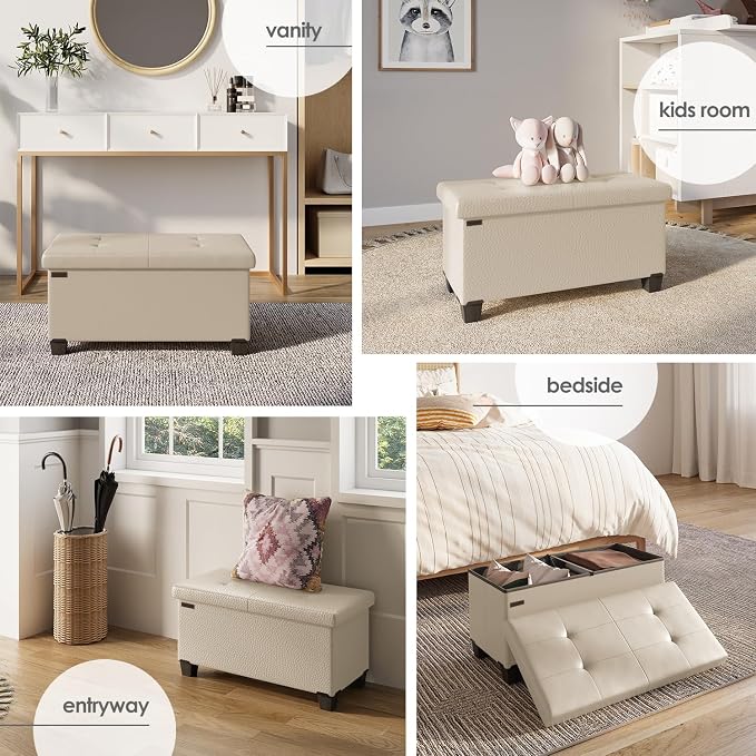 Storage Ottoman Bench with Bins, 30-in Storage Bench for Bedroom End of Bed, Folding Foot Rest Ottoman for Living Room Max 660lbs, Leather Ottomans, Beige - Image 4