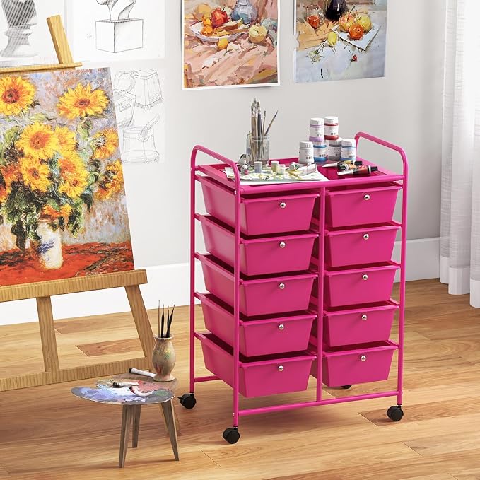 Giantex 10 Drawers Rolling Cart, Classroom Organizers, Storage Cart with Wheels, for Teacher Office Home School Supplies Tool Craft Art Paper, Hot Pink - Image 4