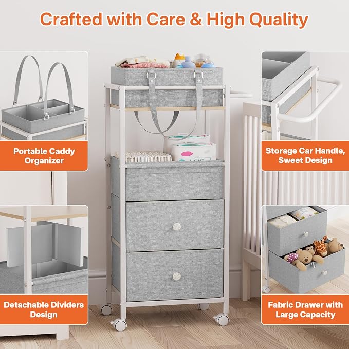 3In1 Modanais Baby Diaper Caddy Organizer Cart with Drawers, Light Gray | Rolling Storage Cart, Removable Diaper Caddy, Detachable Dividers - for Crib, Bedroom, Art & Craft Organizer - Image 4