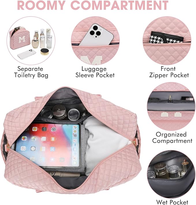 Initial Travel Duffle Bag for Women - Pink Personalized Weekender bags Overnight Bag with Shoe Compartment & Wet Pocket Weekend Tote Bags with Toiletry Bag Monogram Xmas Gifts (Letter M) - Image 4