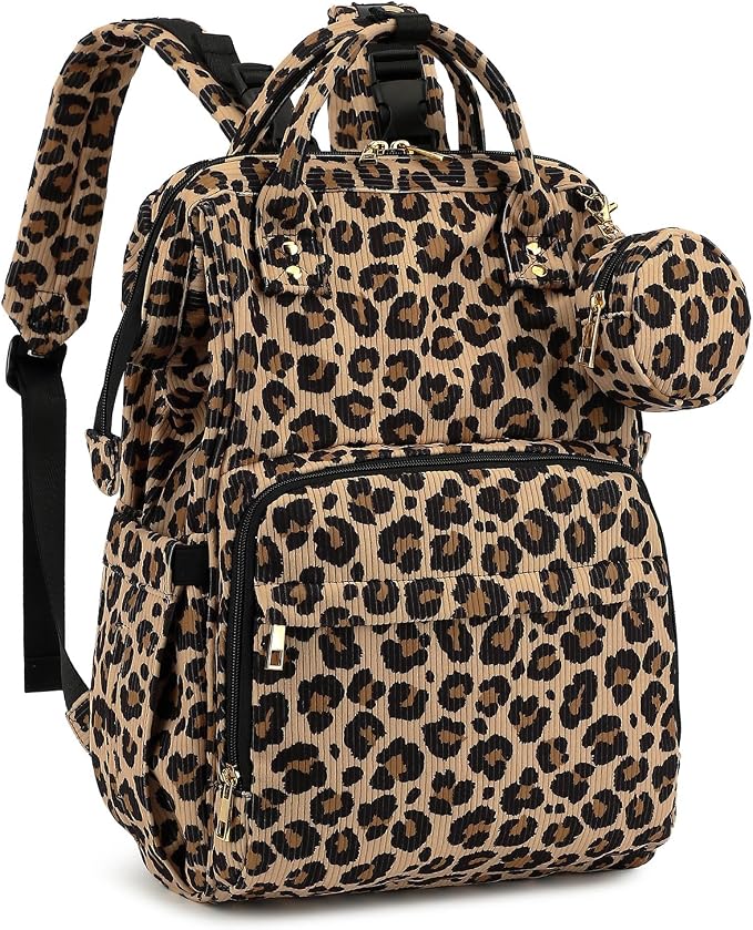 Corduroy Diaper Bag Backpack, Large Capacity Multifunction Baby Diaper Bags for Women, Insulated Bottle Pockets & Pacifier Case, Stylish Travel Nappy Changing Bags for Mom Dad (Leopard Brown) by Unknown