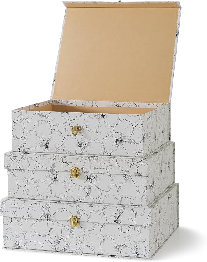 Soul & Lane - Black and White Floral Boxes with Gold Hardware, Set of 3 | Large Stacking Keepsake Boxes with Lids for Home Decor and Organizing, Elegant Cardboard Memory Storage Trunks - Image 2