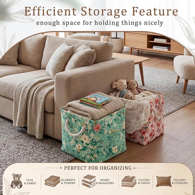 6 Pack Boho Floral Storage Bins 6 Pack, 11 Inch Cube Fabric Storage Baskets | Foldable Fabric Cube Baskets with Reinforced Handles, Floral Laundry Nursery Hamper, for Shelves, Closets, Room Organization - Image 6