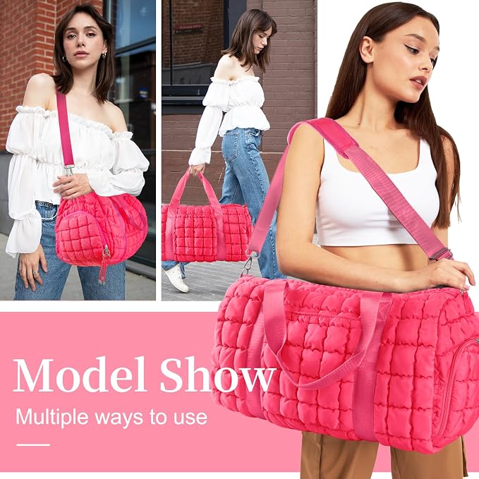 Quilted Travel Duffle Bag Gym Bag for Women,Large Puffer Duffle Weekender Bag with Compartment,Workout Overnight Carry on Organizer Bag Duffle Bag for Airplane Travel(L-Rosered) - Image 4