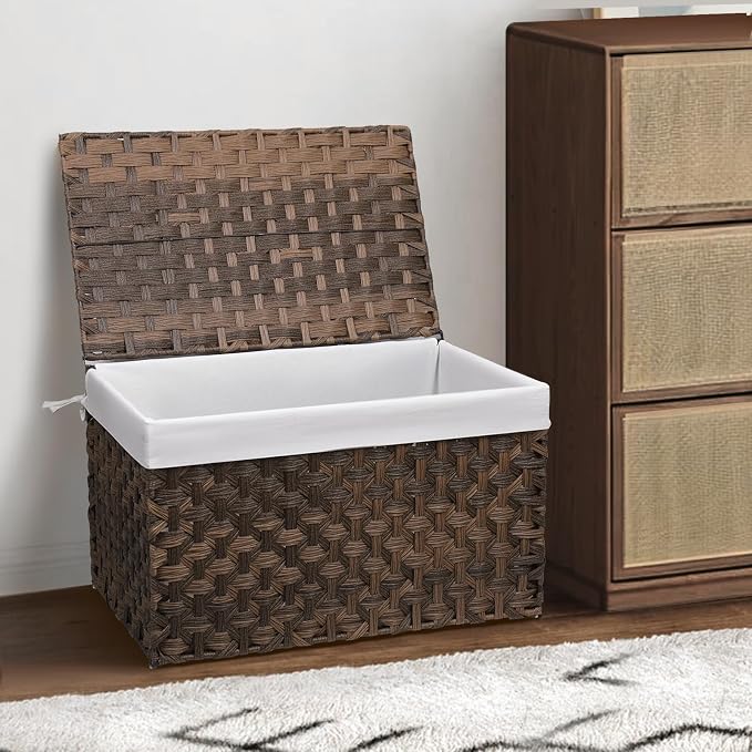 Wicker Storage Basket with Lid, 17.2 Gallon (65L) Small Blanket Basket with Lid, Woven Storage Bin with Handles, Removable Liner, Metal Frame, Foldable, for Bedroom, Laundry Room, Brown - Image 6