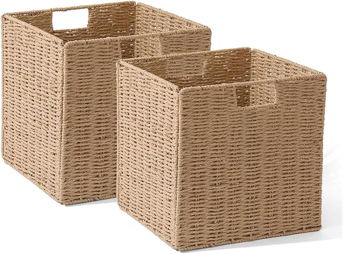Set of 2 Hand-Woven Paper Rope Wicker Baskets, Storage Basket, Foldable Cube Storage Bins, Natural Color Storage Cubes, Square Baskets for Organizing Shelves Decor, 12x12x12in by WickerStorageBaskets