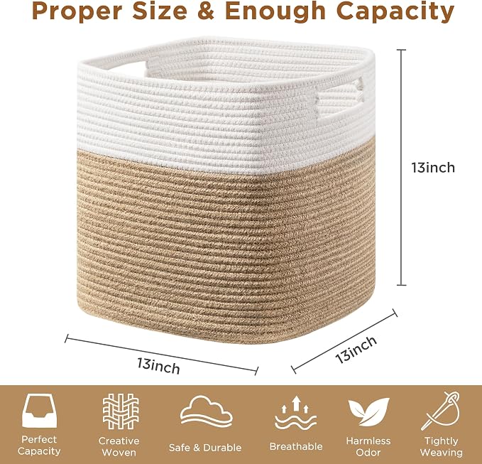 UBBCARE Set of 4 Storage Basket-13 X 13 X 13 in, Cotton Rope Basket for Shelves, Toys, Book, Cube Storage Bins with Handles, Woven Storage Basket for Organizing, White & Jute - Image 8
