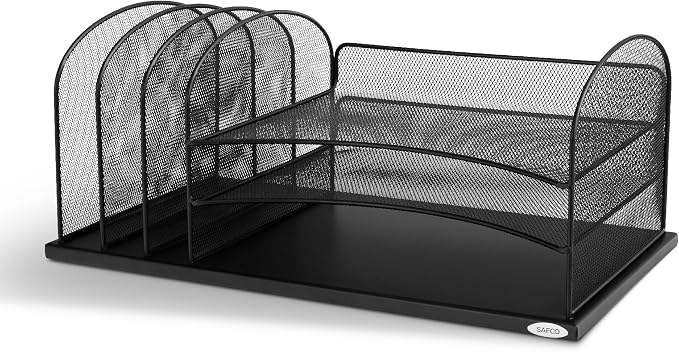 Safco Onyx Desk Organizer, 3 Vertical Compartments and 3 Trays, Office and Classroom Mailbox , Paper and Mail Sorter, Steel Mesh, Black by SafcoProducts