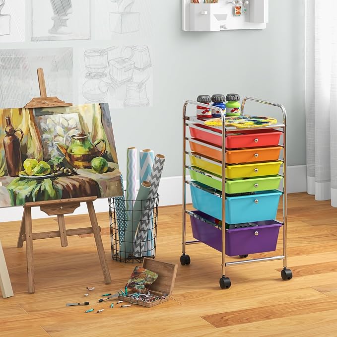 Giantex 6 Storage Drawer Cart Rolling Organizer Cart for Tools Scrapbook Paper Home Office School Multipurpose Mobile Utility Cart (Tomato, Orange, Light Green, Turquoise, Purple) - Image 5
