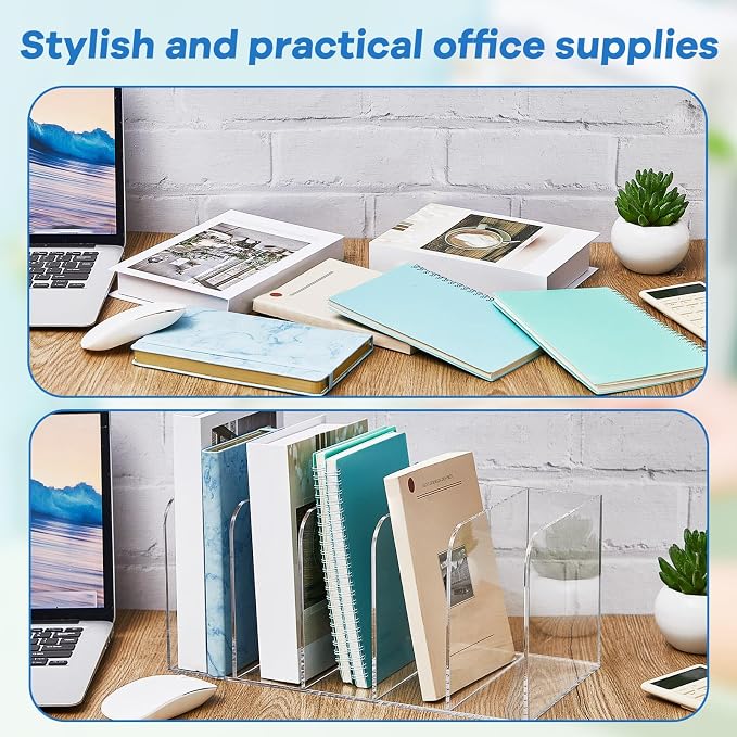 Suzile Clear Acrylic Magazine File Holder with Vertical Compartments Desk Organizer Book Rack for Desk Sorter Paper Folder Office Accessories(Clear,16.1 x 7.2 x 6.5 Inch) - Image 3