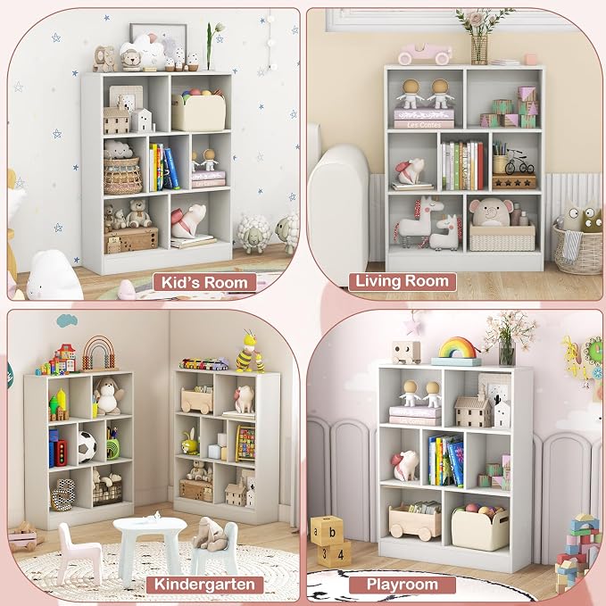 HONEY JOY Kids Toy Storage Organizer, 7-Section Wooden Floor Storage Cabinet, 41” Daycare Toy Chest, 3-Tier Kids Display Bookshelf for Classroom, Playroom & Nursery, Kindergarten (White) - Image 7
