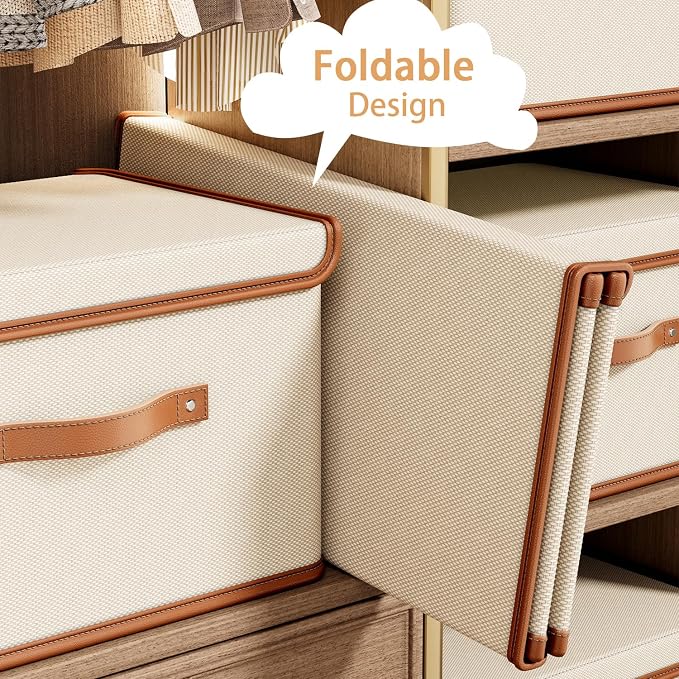 Tuza 4 Pack Storage Bins with Lids, Collapsible Closet Organizer Container, Fabric Organizer Box with Handles, Decorative Storage Boxes with Lids for Organizing Clothes, Blanket, White, Extra Large - Image 5