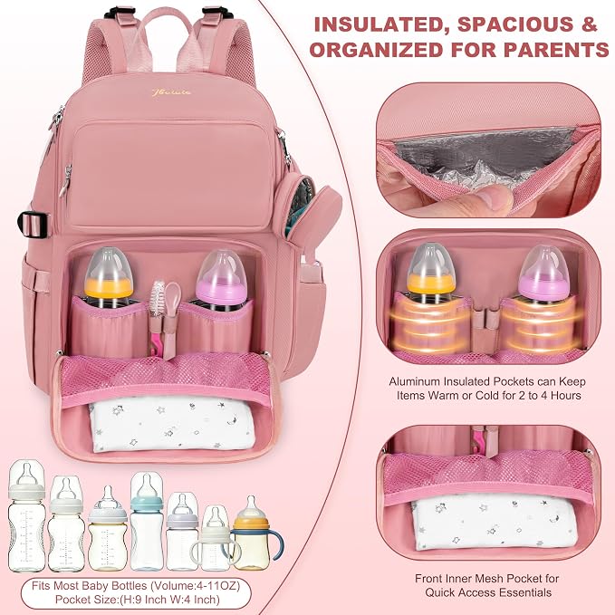 IBVIVIC Diaper Bag Backpack with Portable Changing Pad, Multifunctional Baby Bag for Mom Dad, Large Capacity, Stroller Straps, Insulated Bottle Pockets & Pacifier Case (Blush Pink) - Image 2