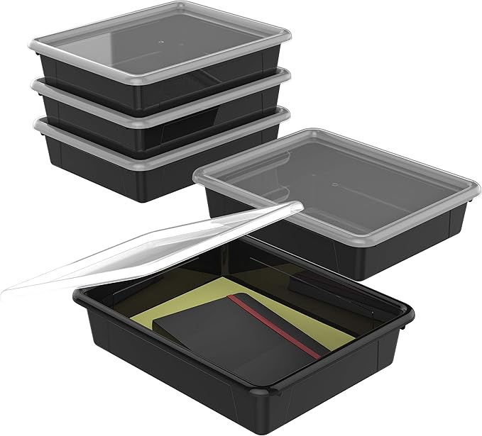 Storex Letter Size Flat Storage Tray – Organizer Bin with Non-Snap Lid for Classroom, Office and Home, Black, 5-Pack (62535A05C) by Storex