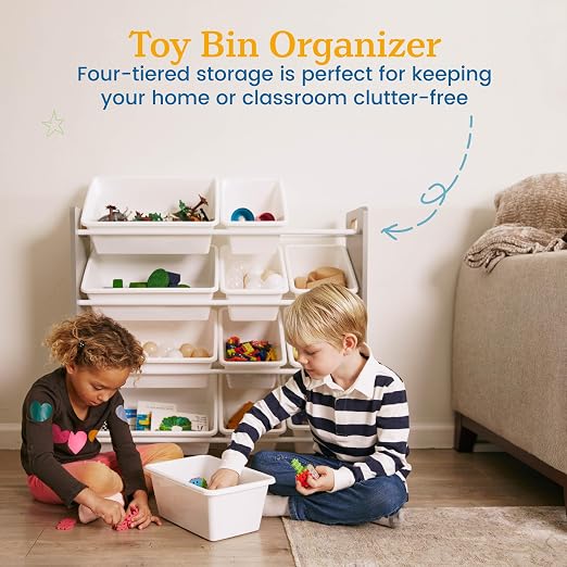 ECR4Kids 4-Tier Organizer with 12 Removable Plastic Bins, 4x3, Toy Storage, Grey/White | Durable plastic bins, MDF panels, steel frame, GREENGUARD Gold Certified, 48 lb capacity, anti-tip kit, playroom/classroom - Image 4