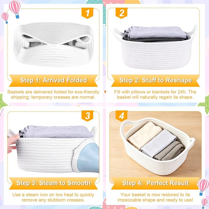 10 Pack Empty Gift Baskets, 12x8x5 Small White Woven Cotton Rope Baskets with Gift Bags & Ribbons, Decorative Baby Shower Hamper, Nursery Storage Basket with Handles for Shelves - Image 7