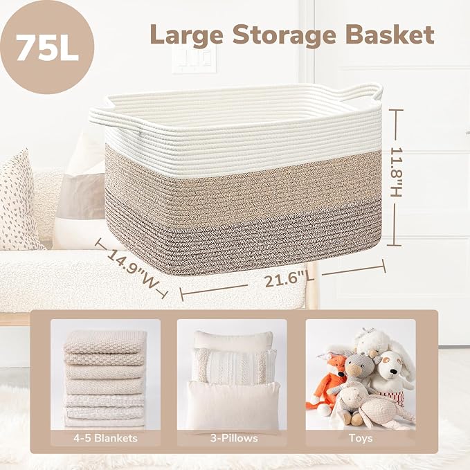 Goodpick Large Woven Rope Blanket Basket, Rectangle, Light Brown | 21.6'' x 14.9'' x 11.8'' Storage Basket for Toys, Blankets & Clothes, Living Room & Nursery Organization, Reinforced Handles - Image 3