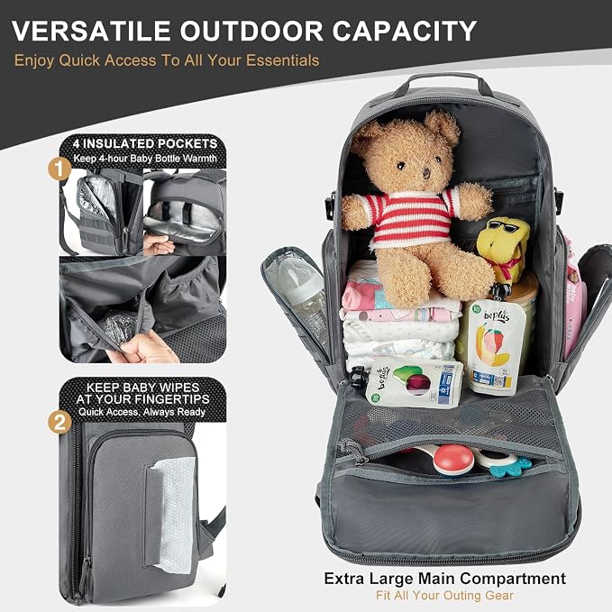 MIRACOL Dad Diaper Bag Military - Tactical Baby Backpack with Changing Pad for Outdoor Baby Care - Water-Resistant Fabric & MOLLE System Ideal for Travel Hiking Parks Grey - Image 5