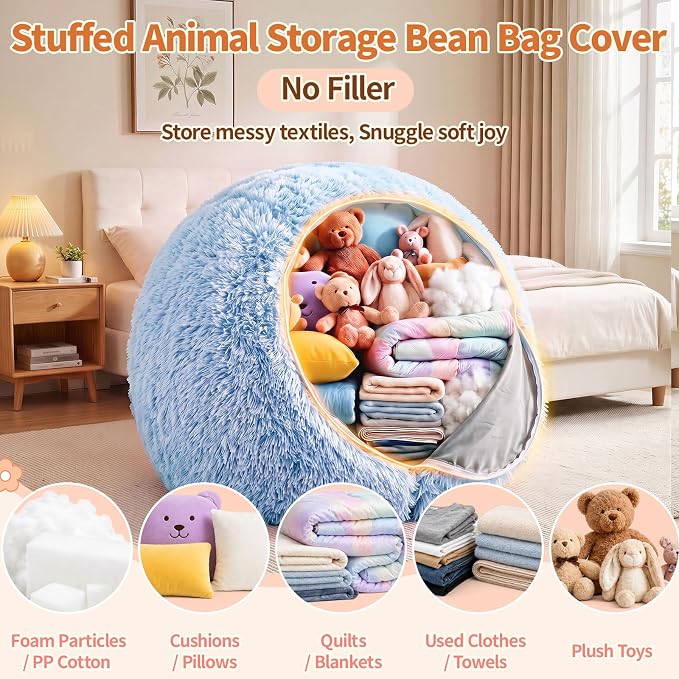 Stuffed Animal Storage Bean Bag Chair Cover, Soft Bean Bag Cover | Fluffy Faux Fur Stuffed Animal Storage Chair, Non-Slip Bottom, Fill with Plush Toys or Blankets, for Adults Teens Kids Girls - Image 3