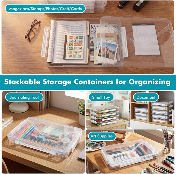 5 Pack Clear File Storage Box Portable Paper Case with Lid Handle,White | 11.7" x 8.27", Stackable A4 Paper Document Organizer for Scrapbook, Photos, Board Game, Craft and Art Supplies - Image 7